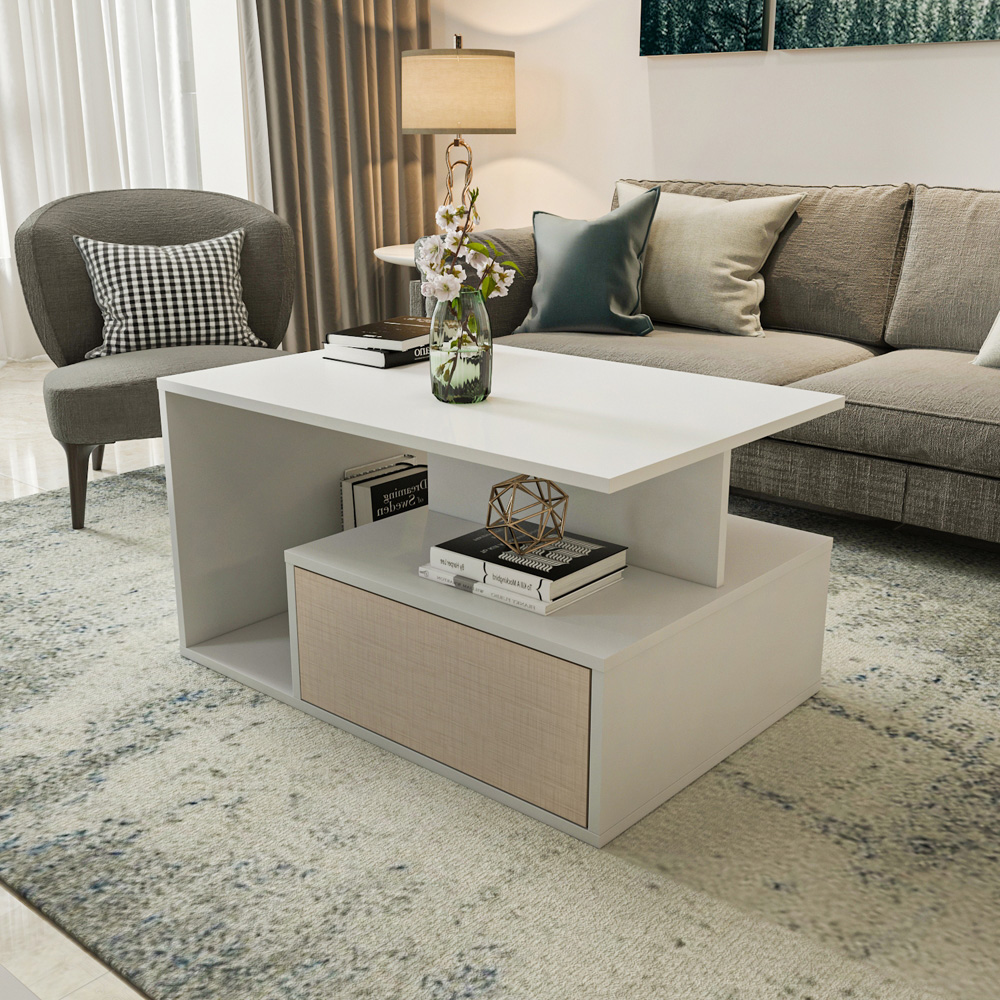 Decorotika Mana White and Beige Coffee Table with Shelf and Cabinet Image 8