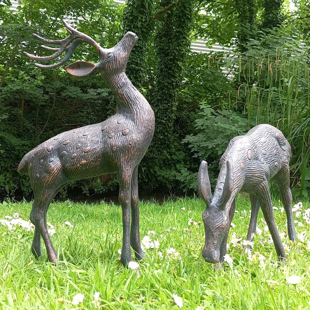 Inspirational Gifting 2 Piece Stag and Doe Deer Cast Aluminium Garden Ornament Set Small Image 3