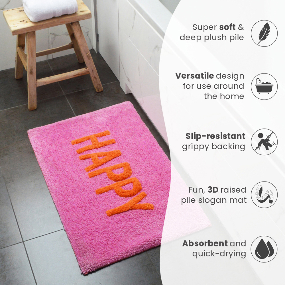 Mooky Mats Colourful Happy Slogan Pink and Orange Non Slip Bath Mat 50 x 80cm Image 4