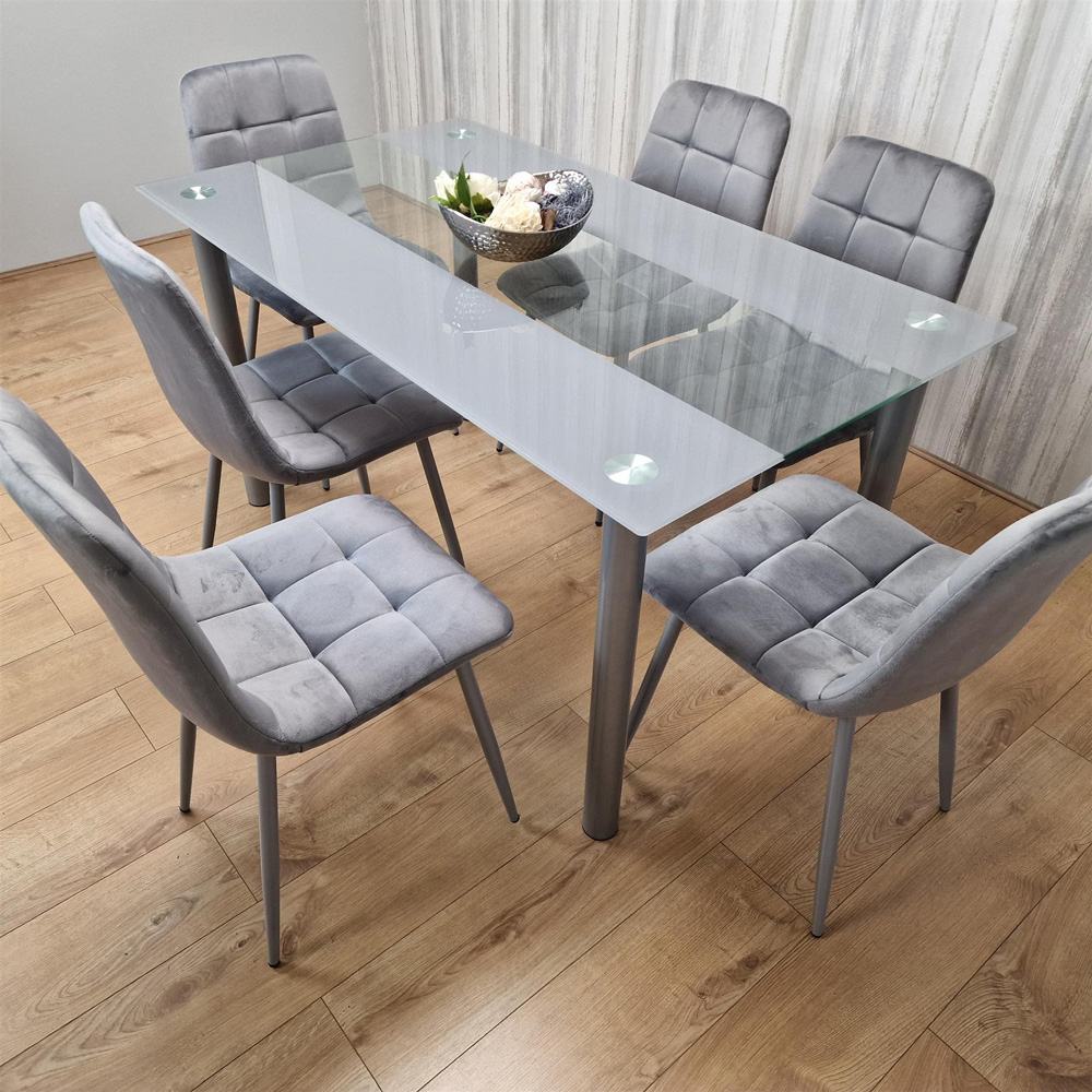 Portland 6 Seater Square Velvet Dining Table Set Grey Image 2