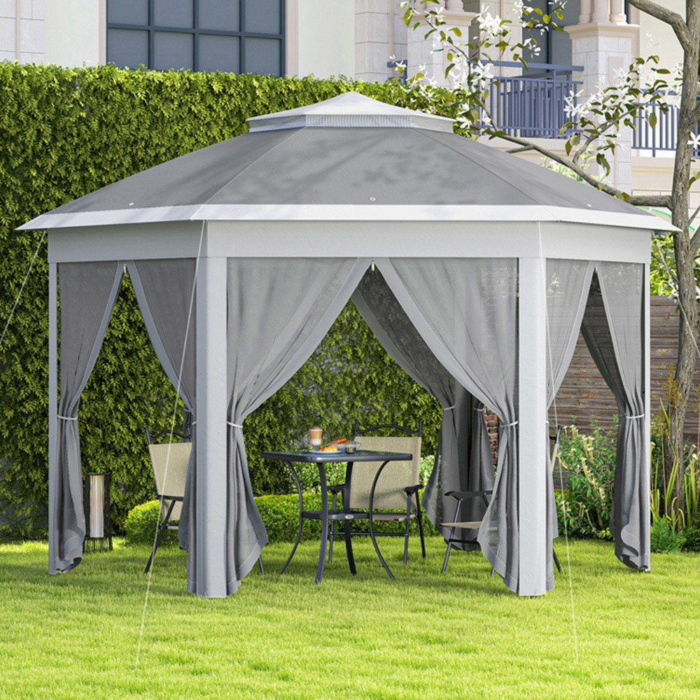 Outsunny 3 x 4m Dark Grey Hexagon Pop Up Gazebo with Netting and Carry Bag Image 1