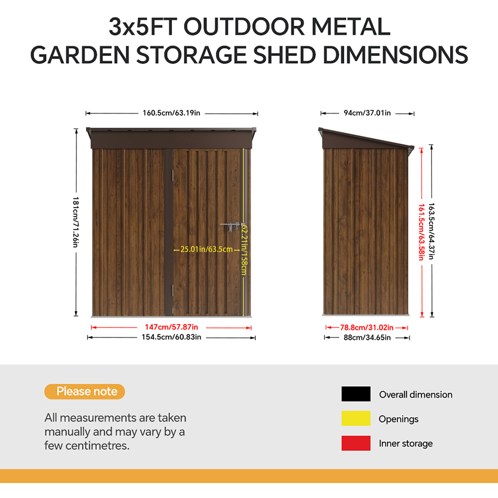 Living and Home 3 x 5ft Brown Wood-Grain Finish Metal Apex Garden Storage Shed Image 8