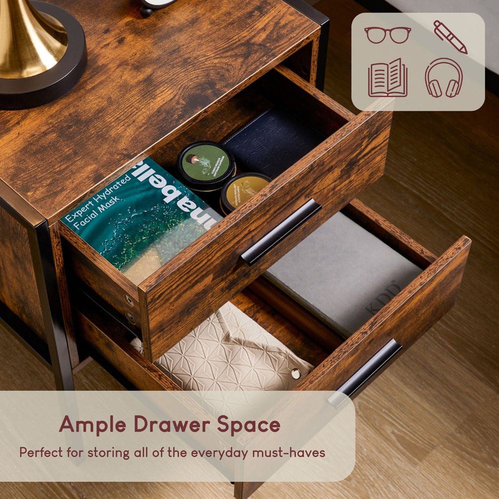 Vida Designs Brooklyn 2 Drawer Dark Wood Industrial Bedside Table Image 6