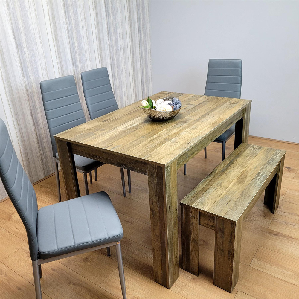 Portland 6 Seater Dining Set Rustic Effect and Grey Leather with Bench Image 5
