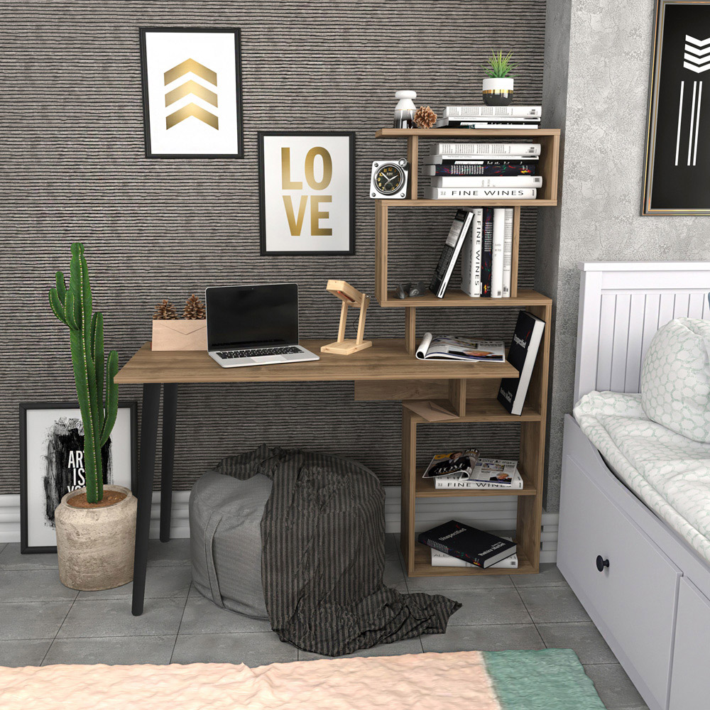 Decorotika Vina 7 Shelf Computer Desk with Bookcase Walnut Image 4