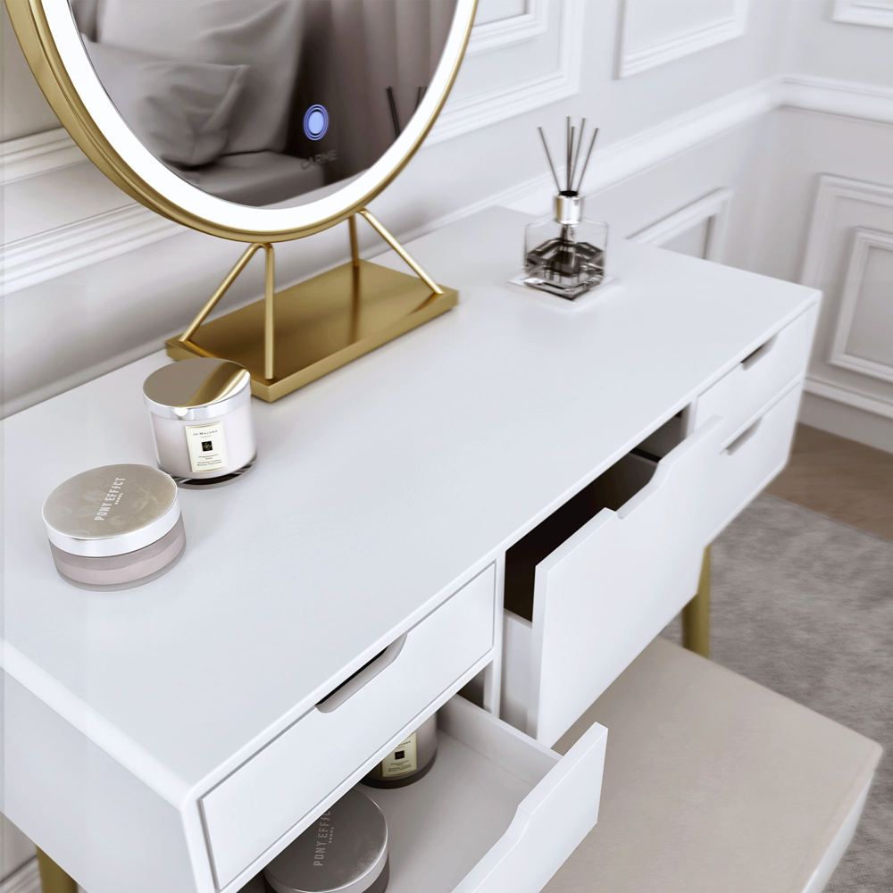 CARME Home Gabriella 5 Drawer White and Gold Dressing Table Set with LED Mirror Image 4
