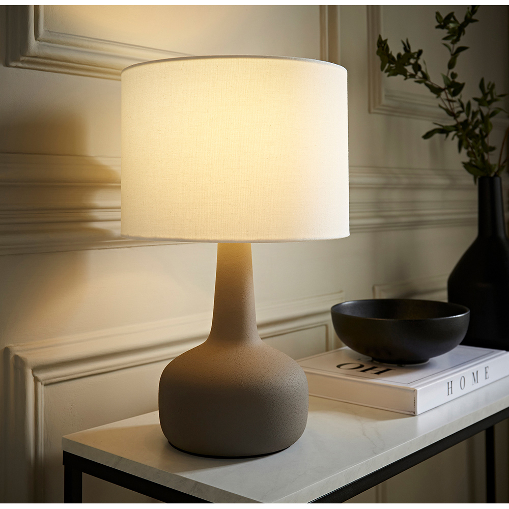 ValueLights Hayley Natural Linen Drum Shade Grey Squat Base Ceramic LED Table Lamp Image 6