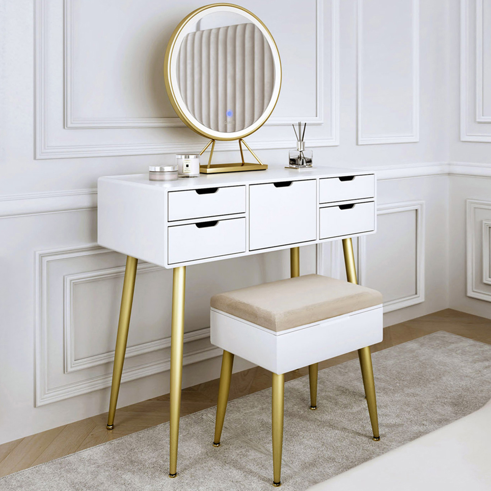 CARME Home Gabriella 5 Drawer White and Gold Dressing Table Set with LED Mirror Image 1