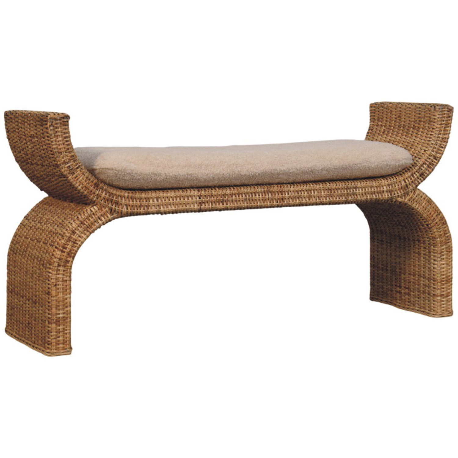 Artisan Furniture Brown and Cream Rattan Weave Boucle Upholstered Solid Wood Bench Image 3