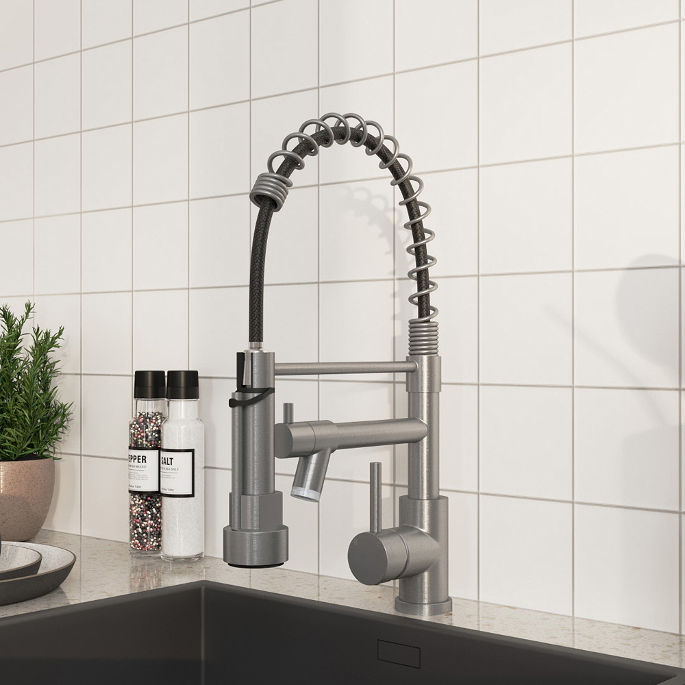 Living and Home Gunmetal Grey 304 Stainless Steel Dual Spout Swivel Kitchen Faucet with LED Light Image 7