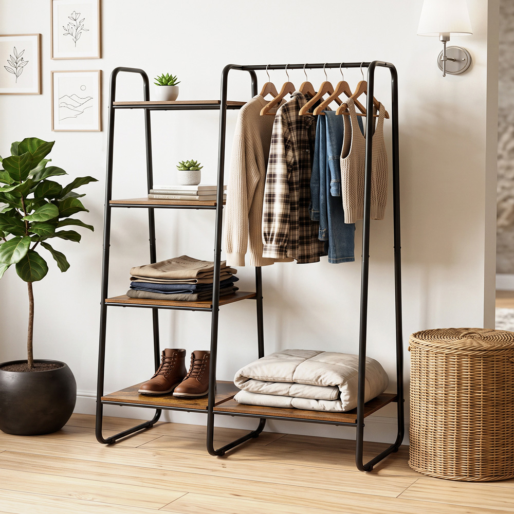 Living and Home 5 Shelf Black and Brown Clothes Rack with Hanging Rail Image 2