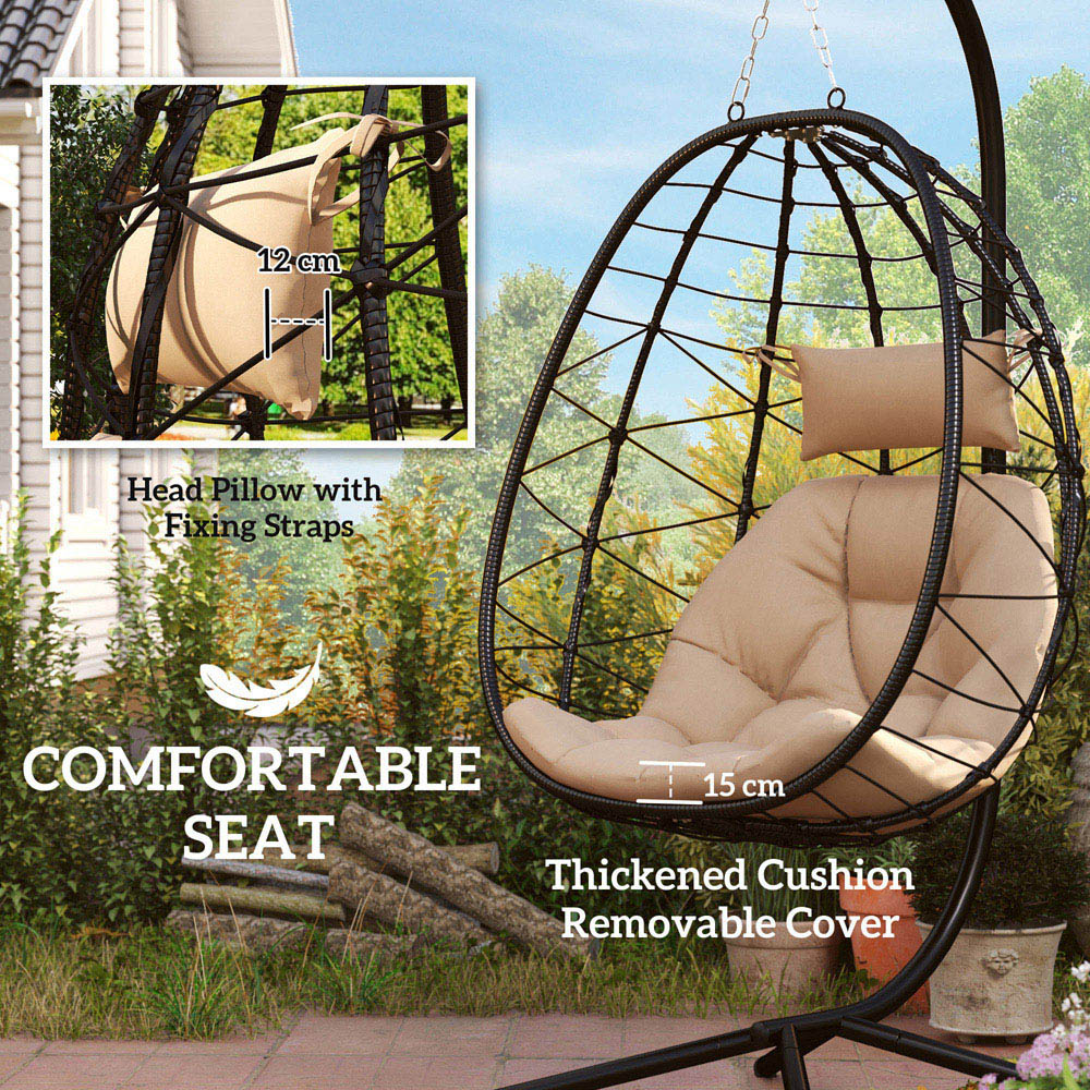 Outsunny Khaki Hanging Egg Chair with Folding Basket Image 4