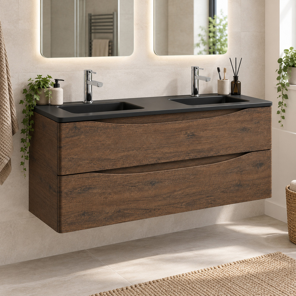 Go Bathrooms Erin 2 Drawer Rosewood and Grey Wall Hung Vanity Unit with Glass Basin 1200mm Image 1