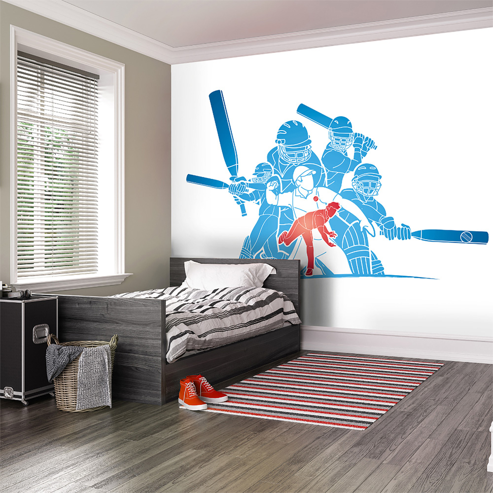 Origin Murals Cricket Players Blue Wall Mural Image 3