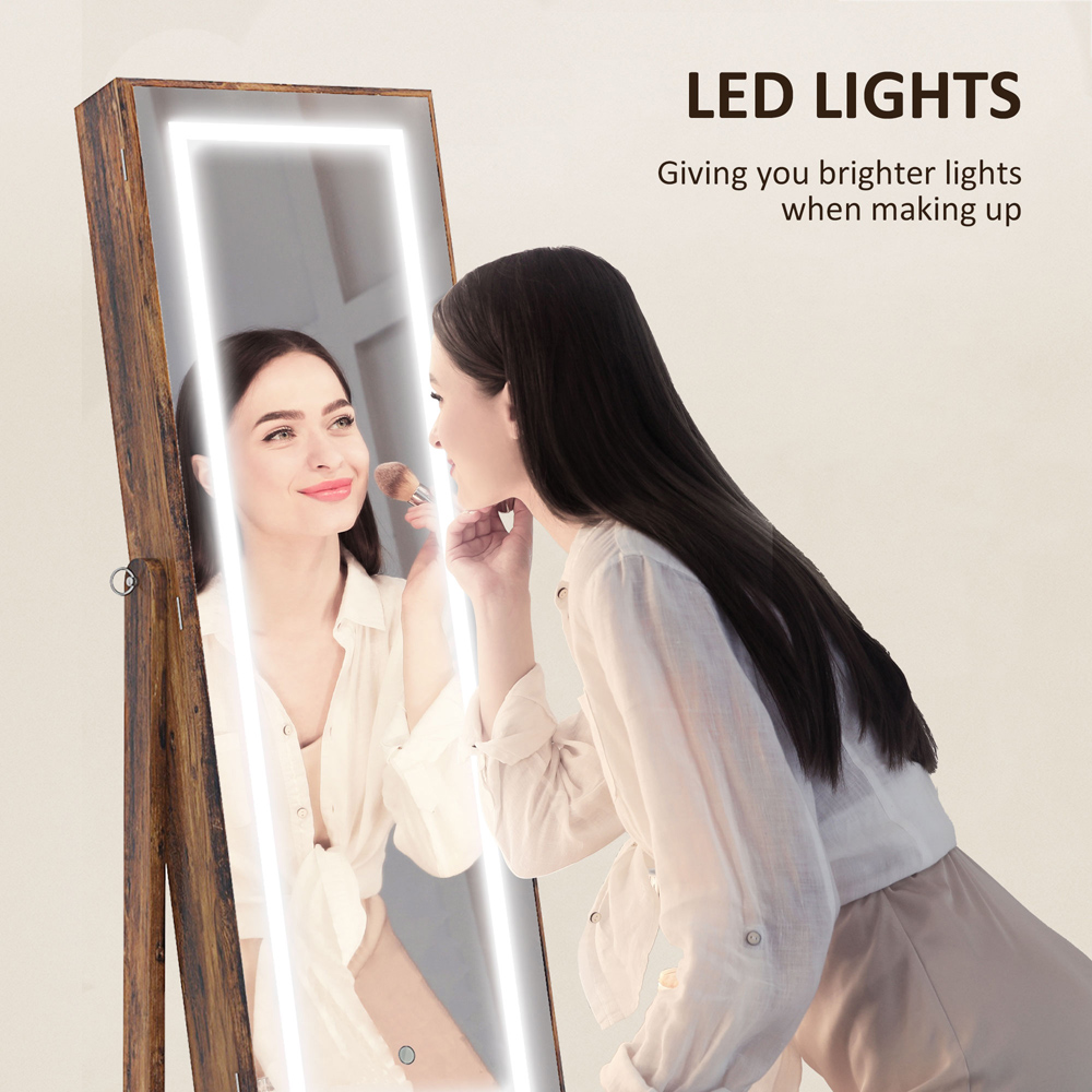 Portland Rustic Brown Mirrored Lockable Jewellery Cabinet with LED Light Image 8