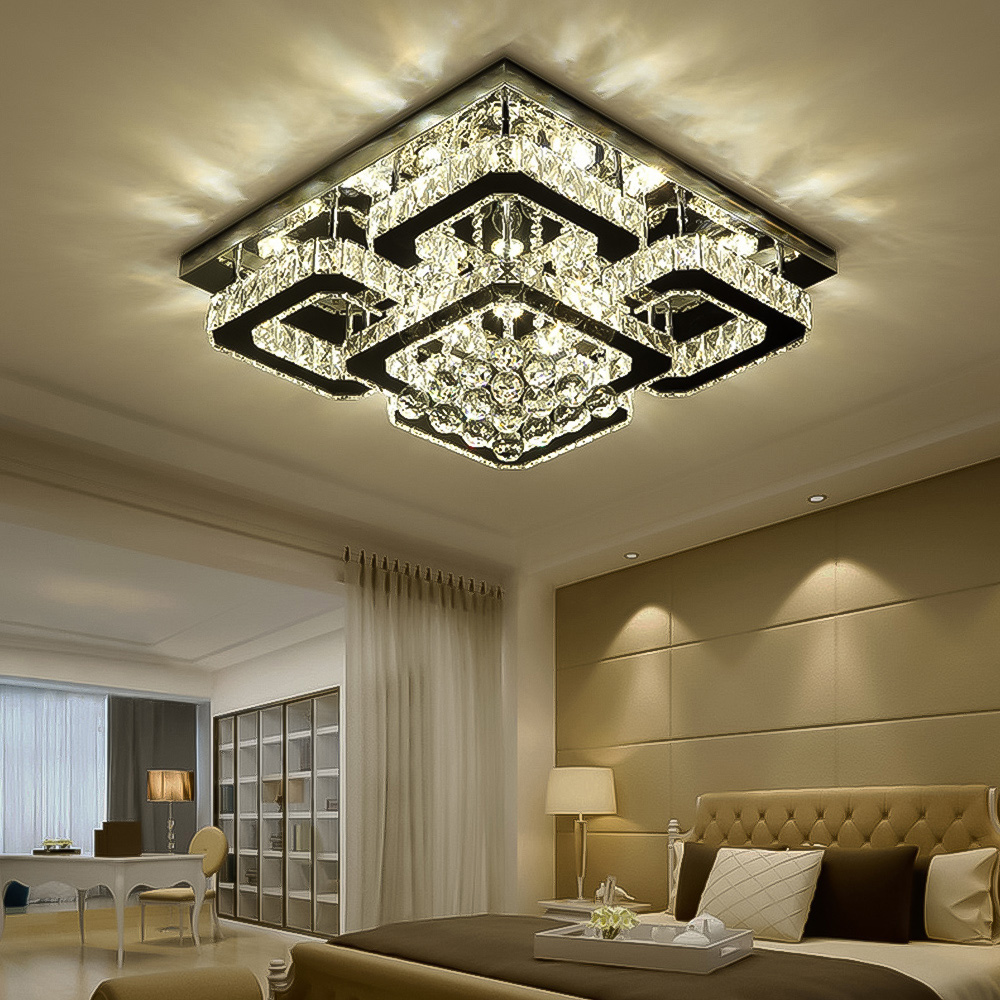 Living and Home 27 inch White Crystal Square Modern Fancy LED Ceiling Light with Remote Image 6