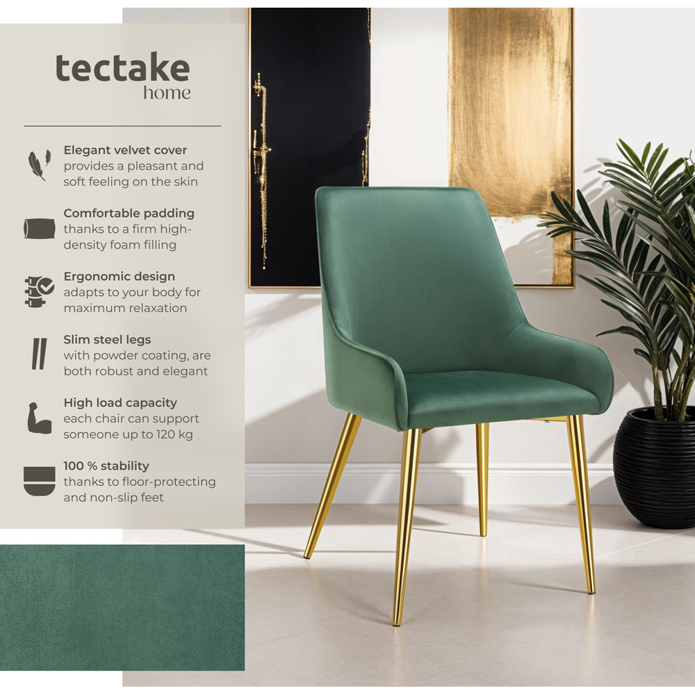 tectake Avane Set of 4 Green Velvet Look Padded Dining Chair Image 6