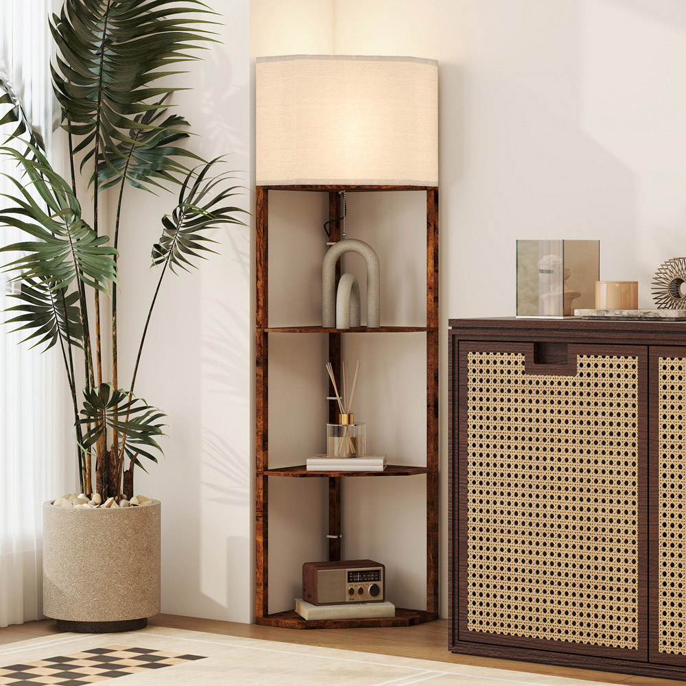 HOMCOM Rustic Brown 3 Shelf Corner Modern Floor Lamp Image 2