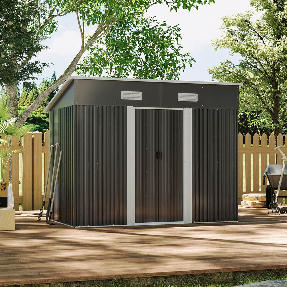 Living and Home 4 x 8ft Black Outdoor Flat Roof Double Sliding Door Metal Shed Image 6