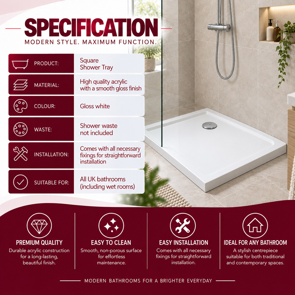 Go Bathrooms 30mm White Low Profile Square Shower Tray 760 x 760mm Image 4