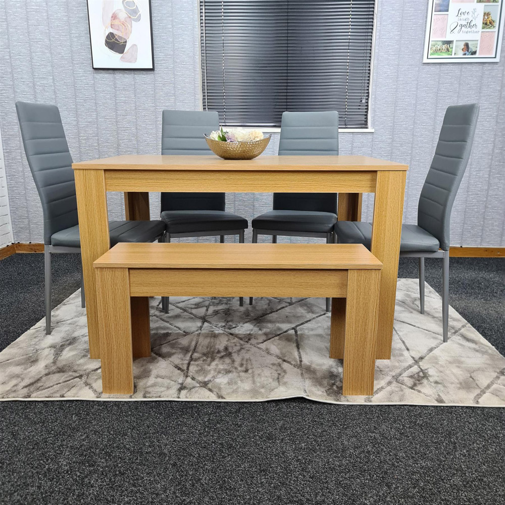 Portland 6 Seater Leather Dining Bench Set Oak Effect and Grey Image 4