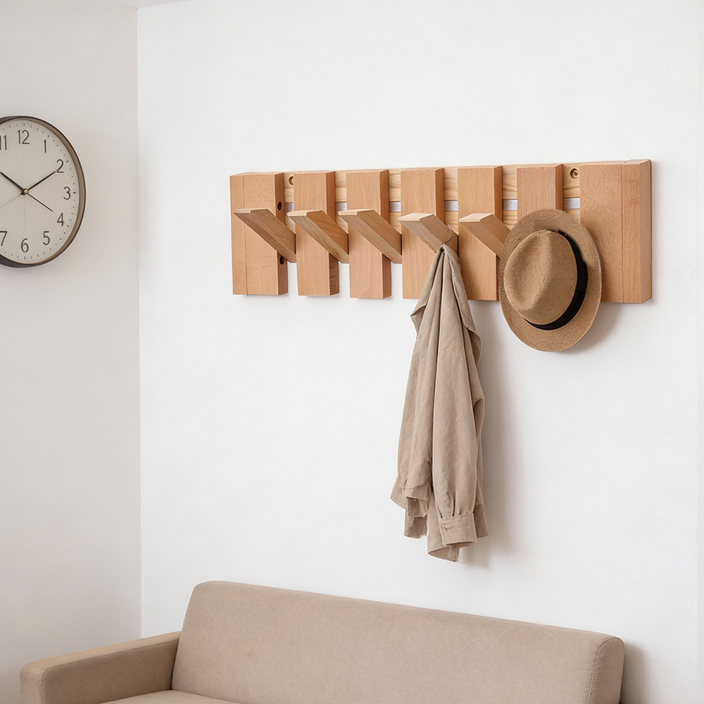 Living and Home Natural Wall-Mounted Coat Rack with 6 Flip-Down Hooks Image 7
