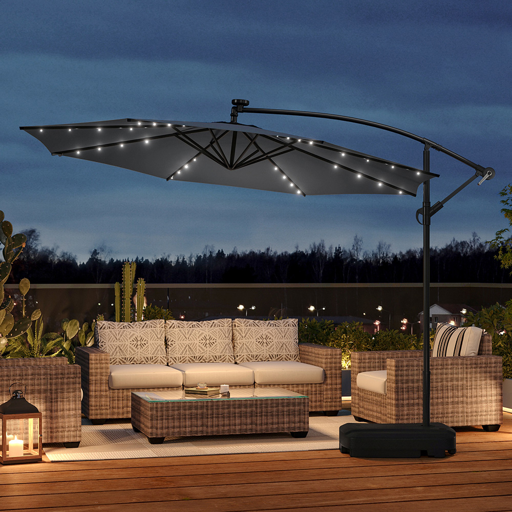 Living and Home Dark Grey Solar LED Crank Lift Parasol with Fillable Base 3m Image 2