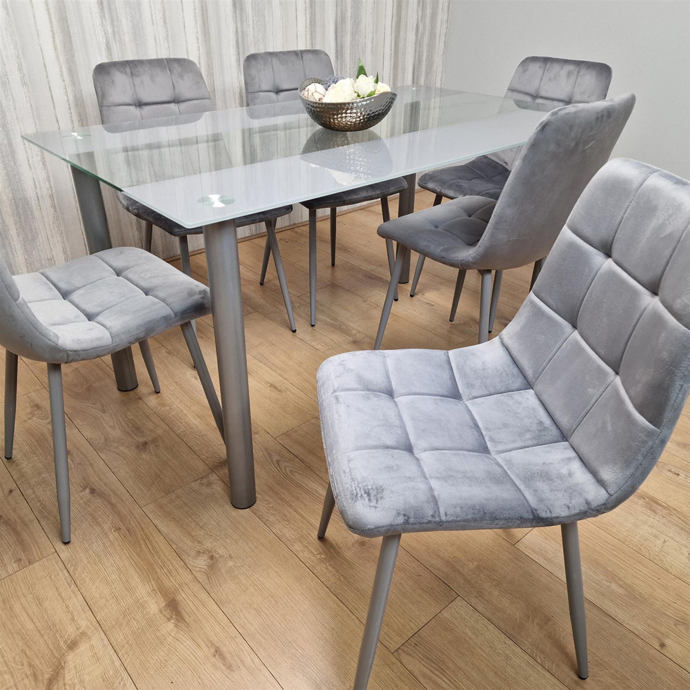 Portland 6 Seater Square Velvet Dining Table Set Grey Image 5