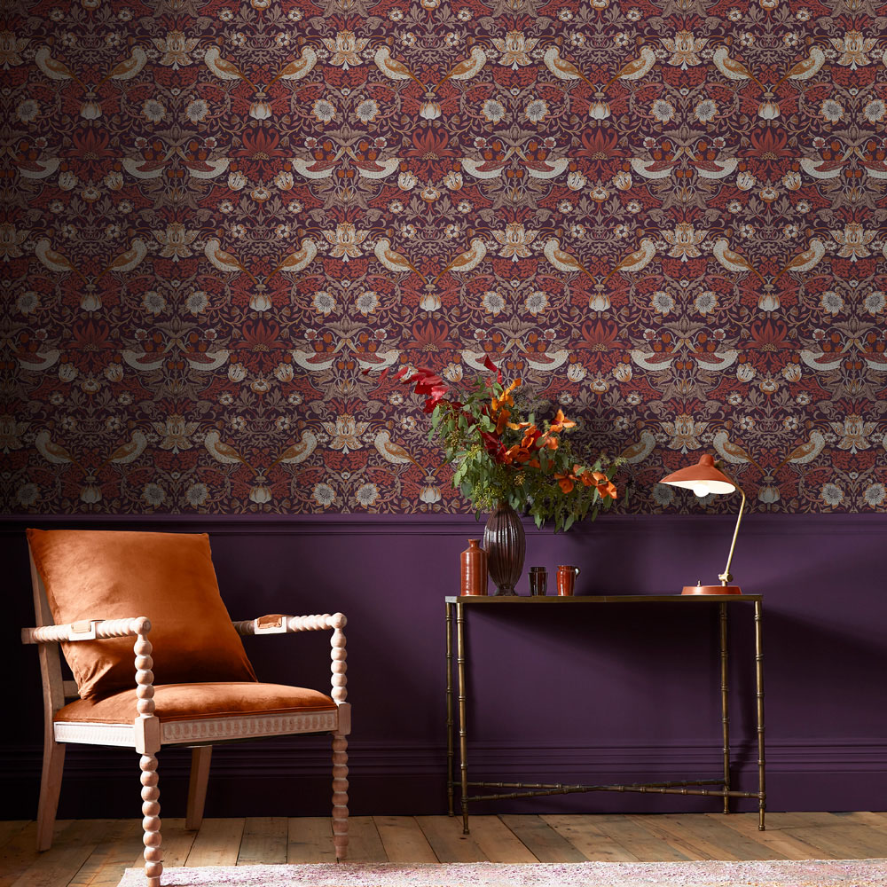 William Morris At Home Strawberry Thief Plum Wallpaper Image 3