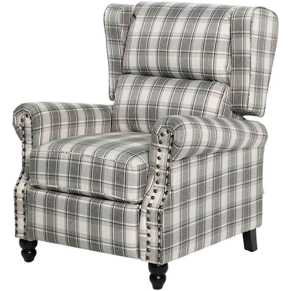 Living and Home Grey Beige Plaid Wingback Recliner Armchair with Adjustable Backrest and Footrest Image 2