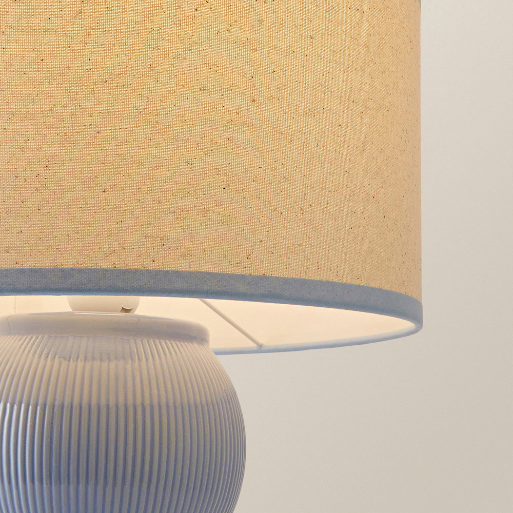 ValueLights Gemma Linen with Blue Trim Shade Stacked Ribbed Blue Glazed Table Lamp with Bulb Image 3