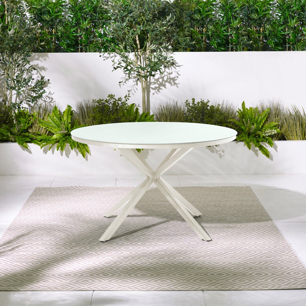 Furniturebox 120cm Cream Metal and Glass Round Garden Dining Table Image 4