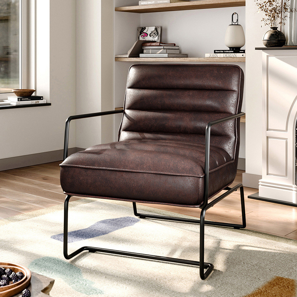 Living and Home Mid Century Brown PU Leather Armchair with Metal Base Image 3
