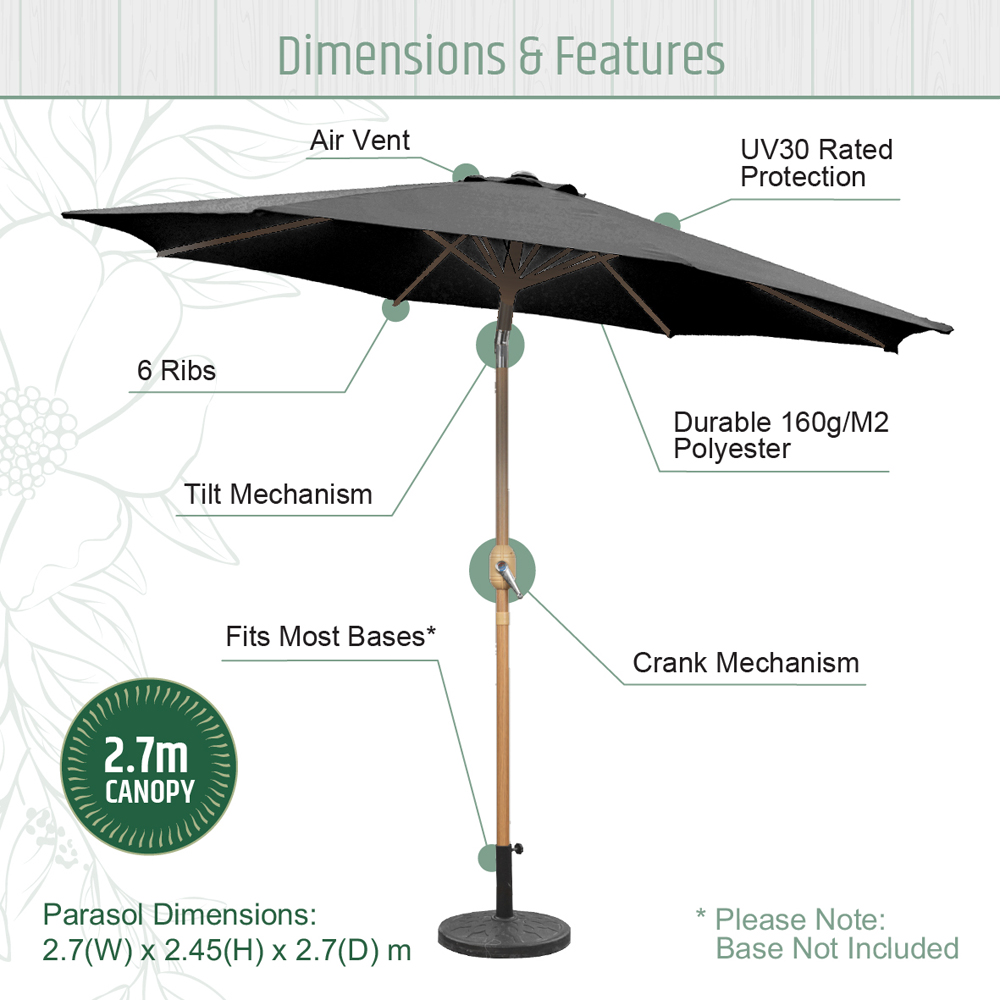 Gardenkraft Charcoal Crank and Tilt Wooden Parasol 2.7m Image 9