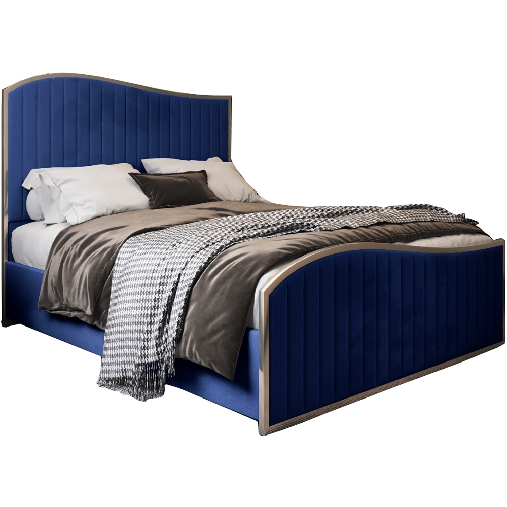 Brixton Blue Small Double Velvet Upholstered Metal Bed Frame with Wave Headboard Image 2