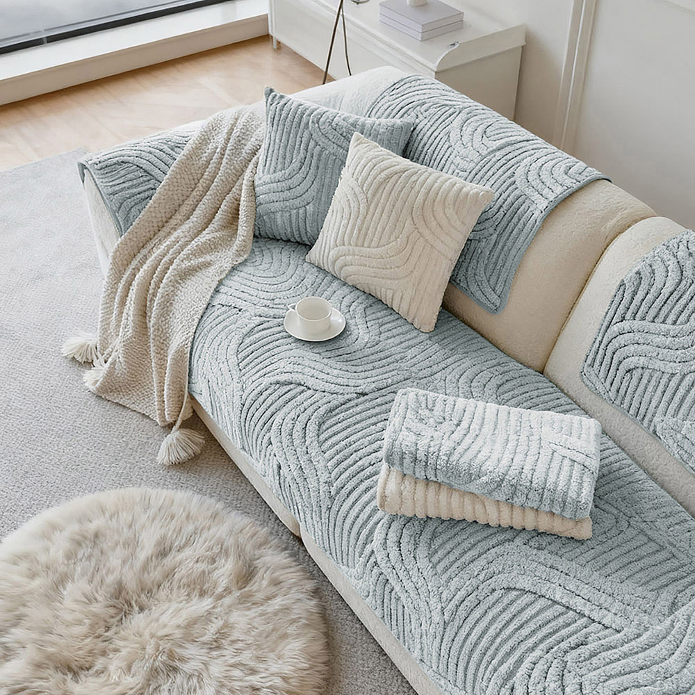 Living and Home 90 x 90cm Light Grey Minimalist Wavy Geometric Non-Slip Sofa Mat Image 6