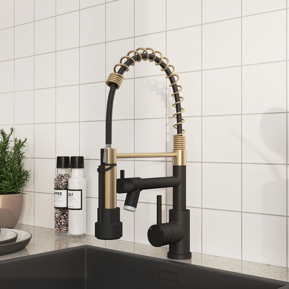 Living and Home Gold and Black 304 Stainless Steel Dual Spout Swivel Kitchen Faucet with LED Light Image 7