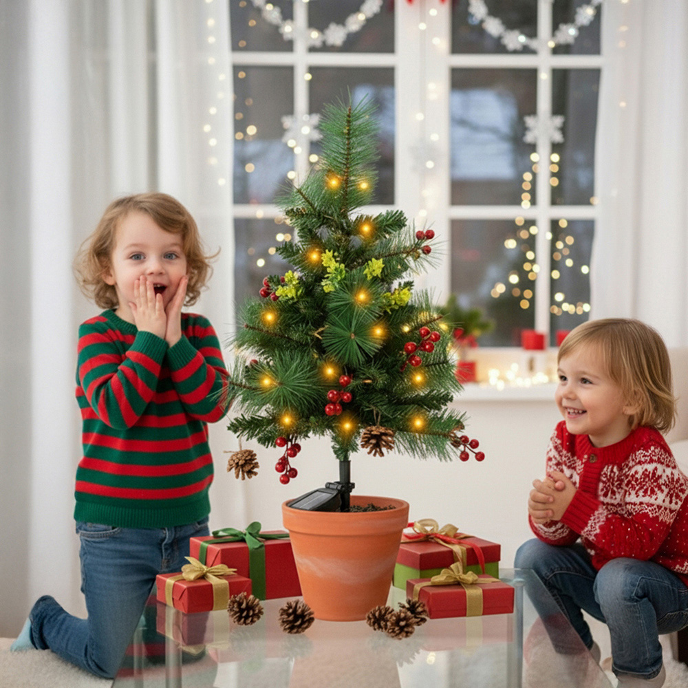 Living and Home Solar-Powered Pre-Lit Artificial Christmas Tree with Berries 2.6ft 2 Pack Image 7