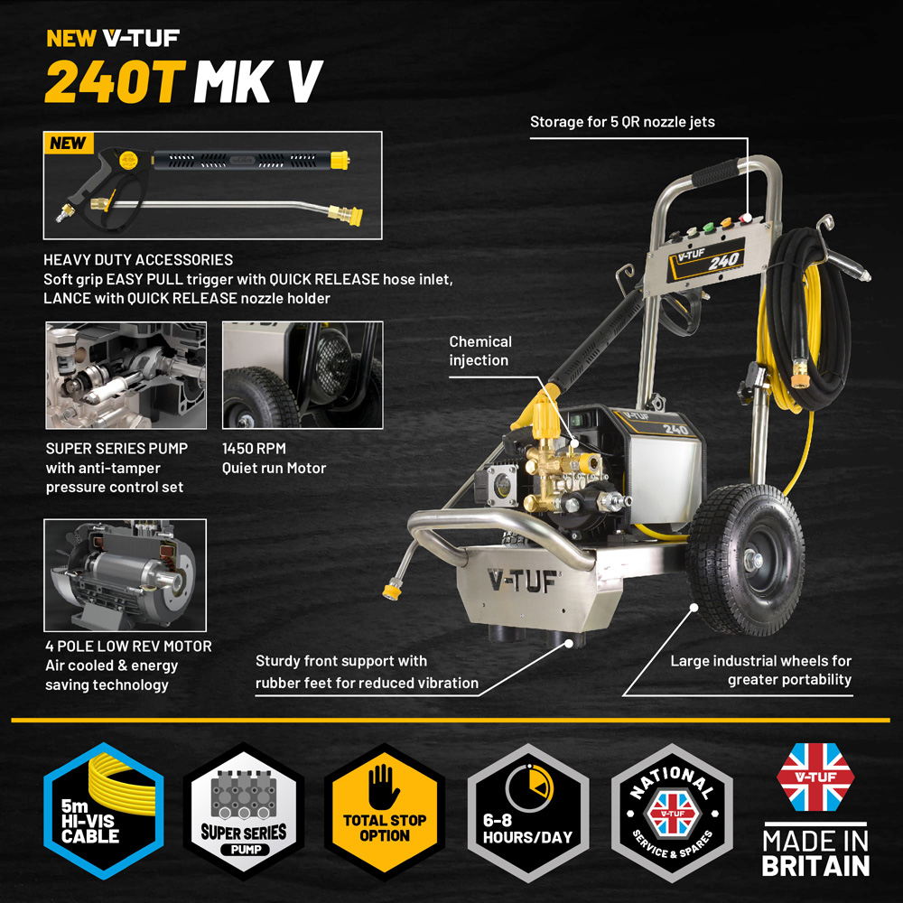 V-TUF 240T Industrial Mobile Electric Pressure Washer 100Bar with Total Stop Image 5