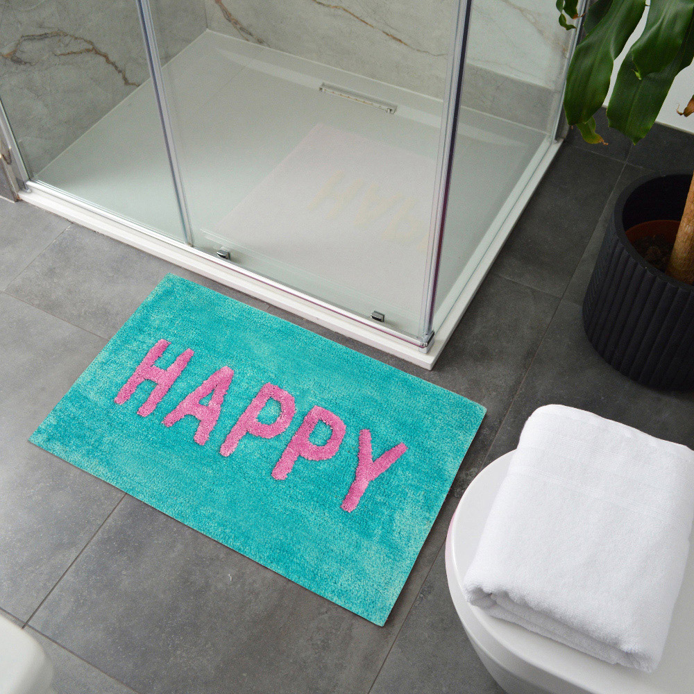 Mooky Mats Colourful Happy Slogan Turquoise and Pink Non Slip Bath Mat 50 x 80cm Image 2