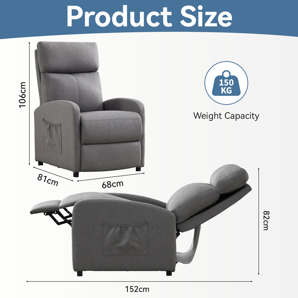 Linen Fabric Grey Recliner Pushback Adjustable Arm Chair Image 9