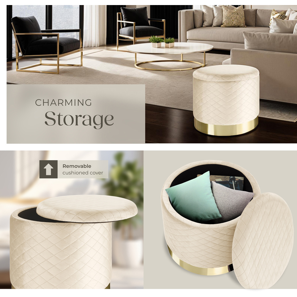 tectake Coco Cream Velvet Look Quilted Padded Round Stool with Storage Image 5