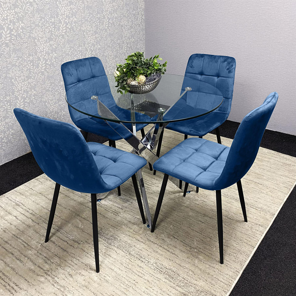 Kosy Koala 4 Seater Glass Round Dining Set Blue Velvet Image 2