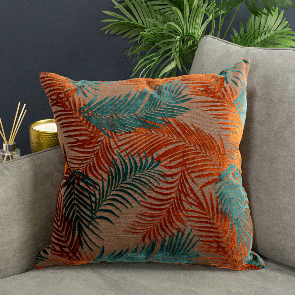 Paoletti Palm Grove Teal and Rust Velvet Jacquard Cushion Image 2