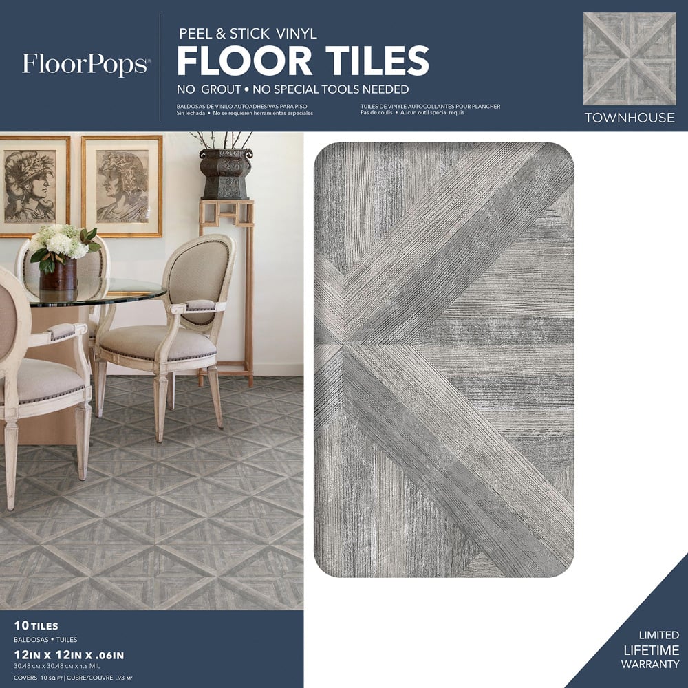 Floorpops Townhouse Grey and Taupe Peel and Stick Floor Tile 30.48 x 30.48cm 10 Pack Image 7