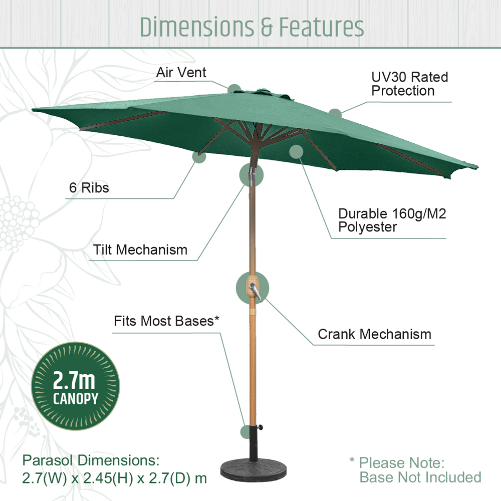 Gardenkraft Dark Green Crank and Tilt Wooden Parasol 2.7m Image 9