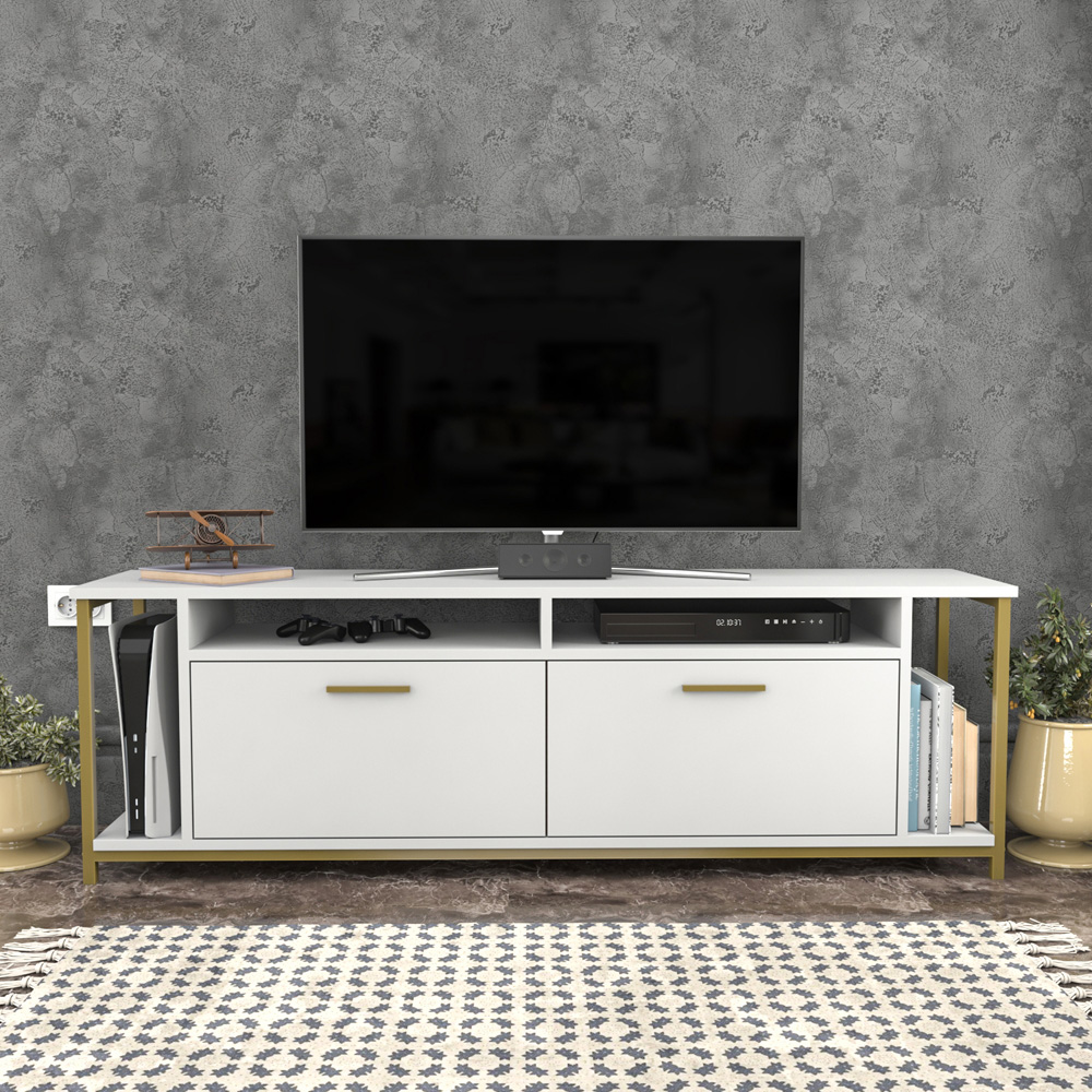 Decorotika Omar 2 Door 4 Shelf White and Gold TV Unit Image 4