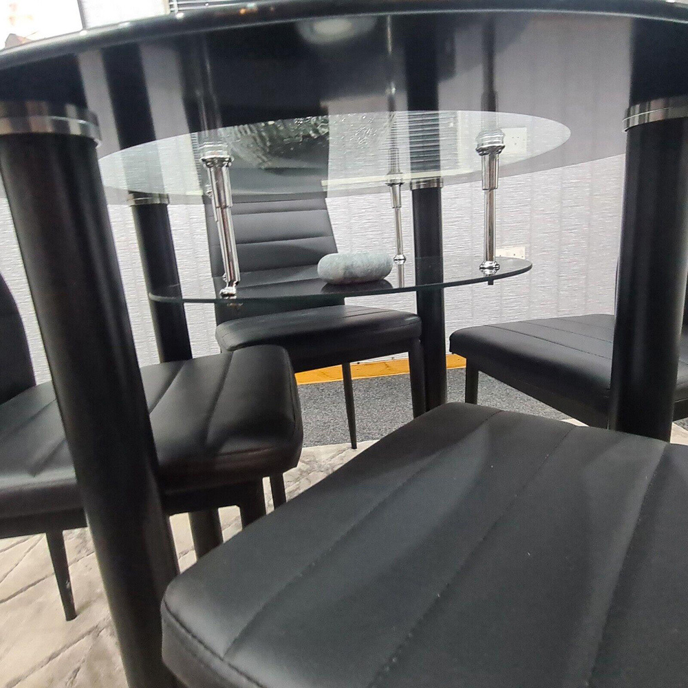 Portland 4 Seater Round Glass Leather Dining Set Black Image 2