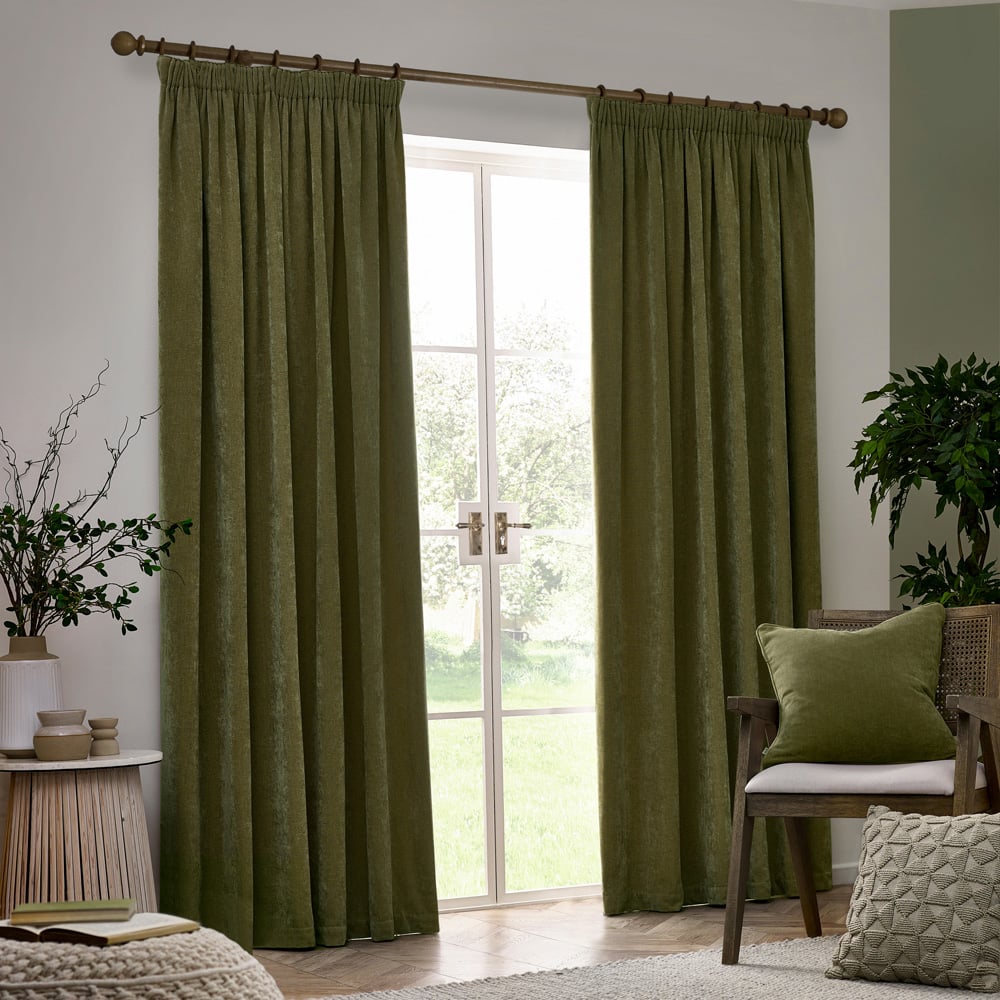 Yard Heavy Olive Chenille Velvet Pencil Pleat Curtains 117 x 183cm Image 5