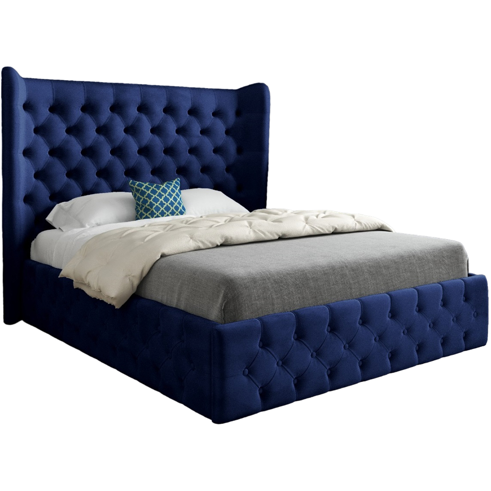 Florence Blue Small Double Velvet Upholstered Bed Frame with Wide Winged Chesterfield Headboard Image 2